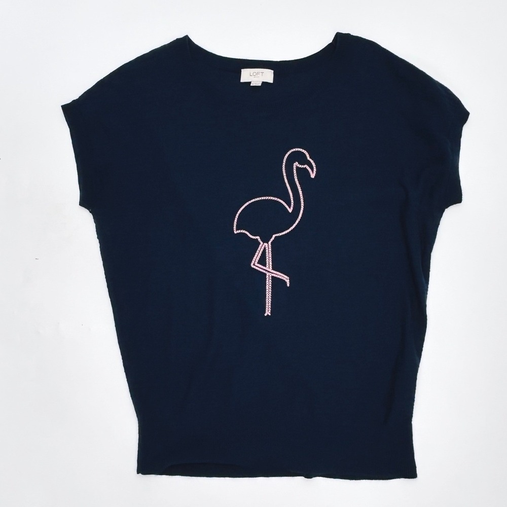 Loft Outlet Navy Blue Cotton Flamingo Embroidered Short Sleeve Sweater Medium